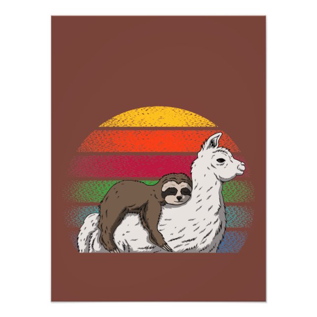 Sloth and Llama riding at sunset Boho Retro design Photo Print (Front)