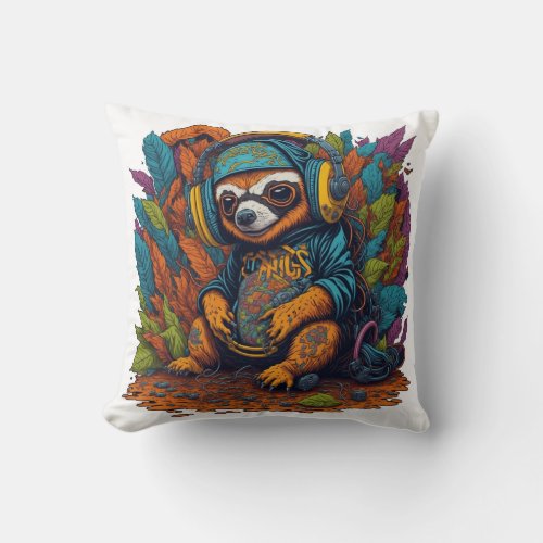 Sloth and Music Lovers Throw Pillow