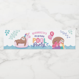 Sloth and Unicorn Summer Birthday Pool Party Water Bottle Label