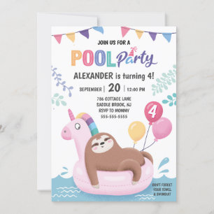 Sloth and Unicorn Summer Pool Party Birthday Invitation