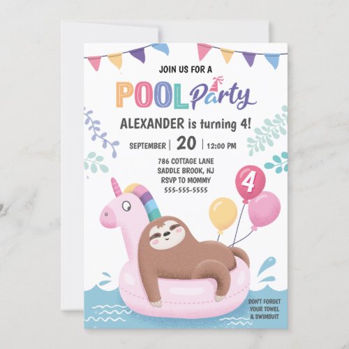 Sloth and Unicorn Summer Pool Party Birthday Invitation