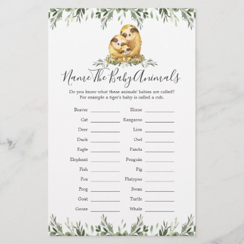 Sloth Animals Baby Shower Name The Baby Animals