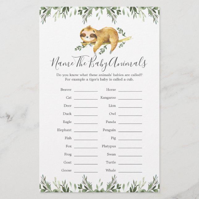 Sloth Animals Baby Shower Name The Baby Animals (Front)
