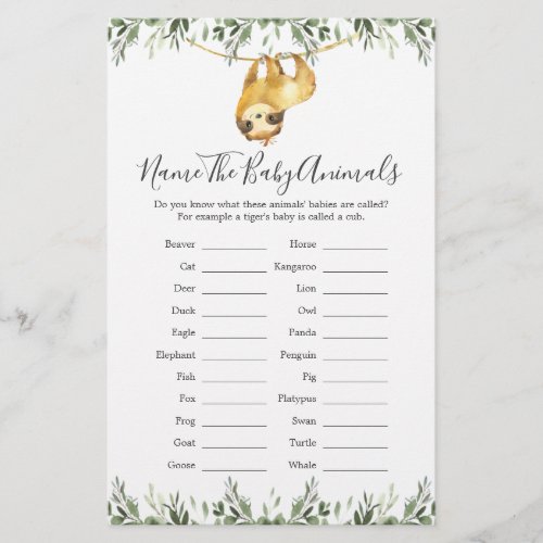 Sloth Animals Baby Shower Name The Baby Animals