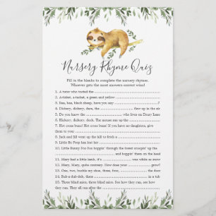 Sloth Animals Baby Shower Nursery Rhyme Quiz Game