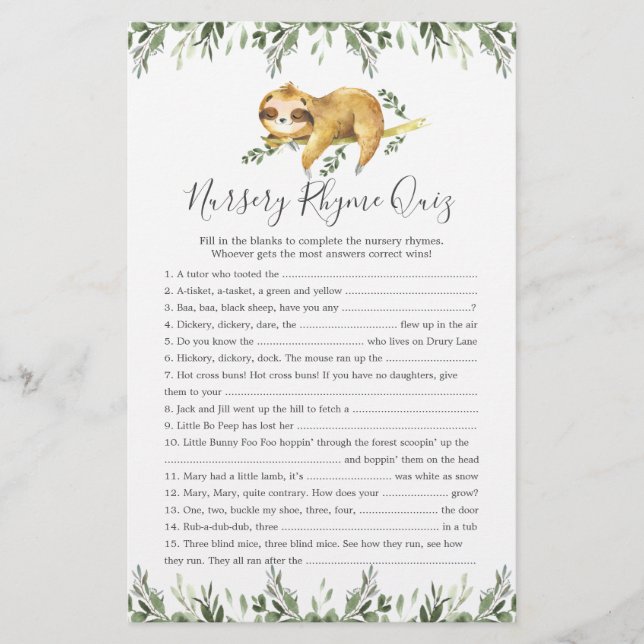 Sloth Animals Baby Shower Nursery Rhyme Quiz Game (Front)