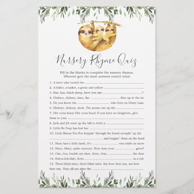 Sloth Animals Baby Shower Nursery Rhyme Quiz Game (Front)