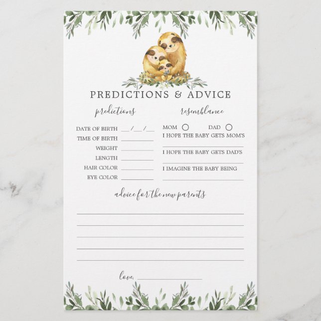 Sloth Animals Baby Shower Predictions and Advice (Front)