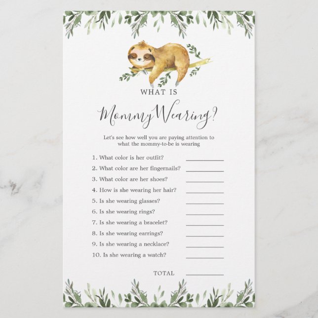 Sloth Animals Baby Shower What is Mommy Wearing (Front)