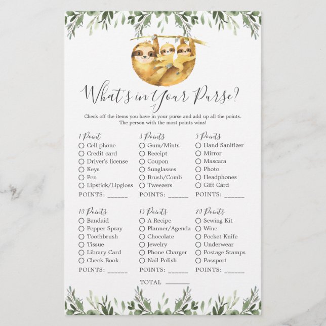 Sloth Animals Baby Shower What's in Your Purse (Front)