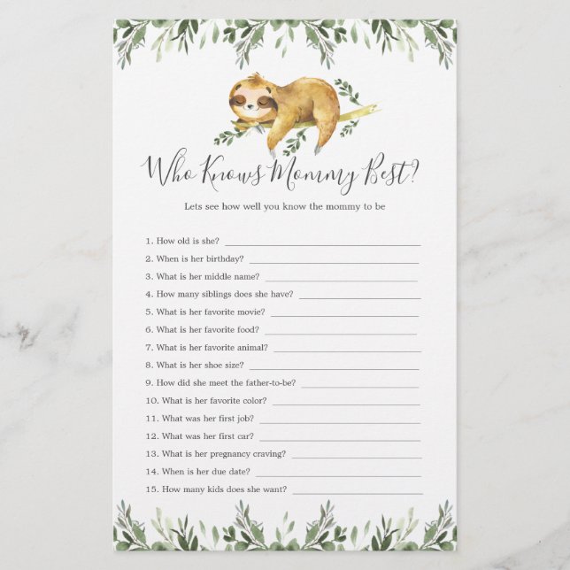 Sloth Animals Baby Shower Who Knows Mommy Best (Front)