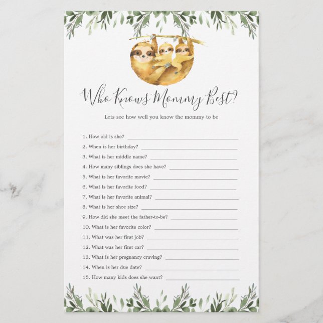 Sloth Animals Baby Shower Who Knows Mommy Best (Front)