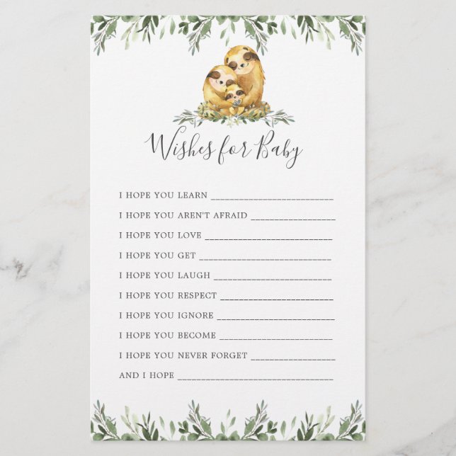 Sloth Animals Baby Shower Wishes For Baby (Front)
