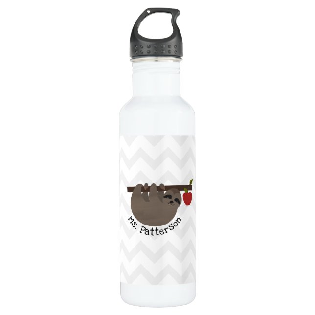 Sloth Apple Tree Chevron Personalized Teacher Stainless Steel Water Bottle (Front)