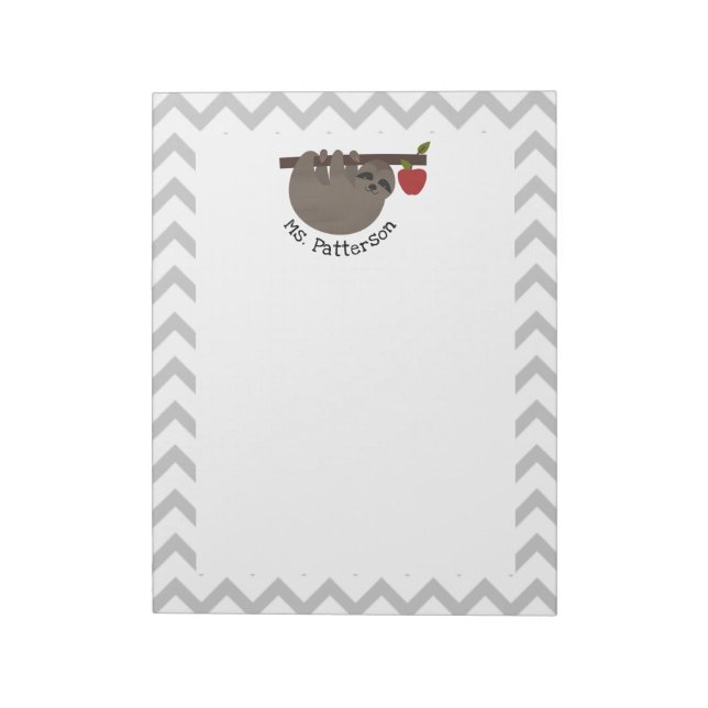 Sloth Apple Tree Gray Chevron Teacher Notepad (Rotated)