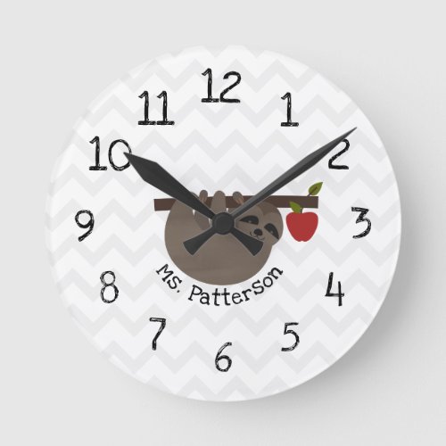 Sloth Apple Tree Personalized Teacher Classroom Round Clock