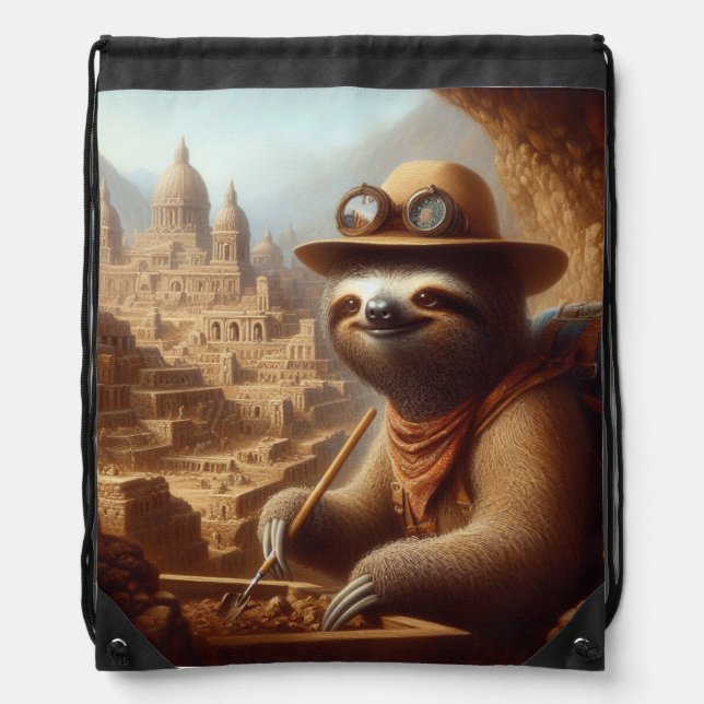 Sloth Archeologist Drawstring Bag (Front)