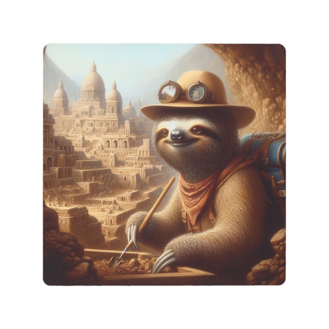 Sloth Archeologist Metal Print (Front)