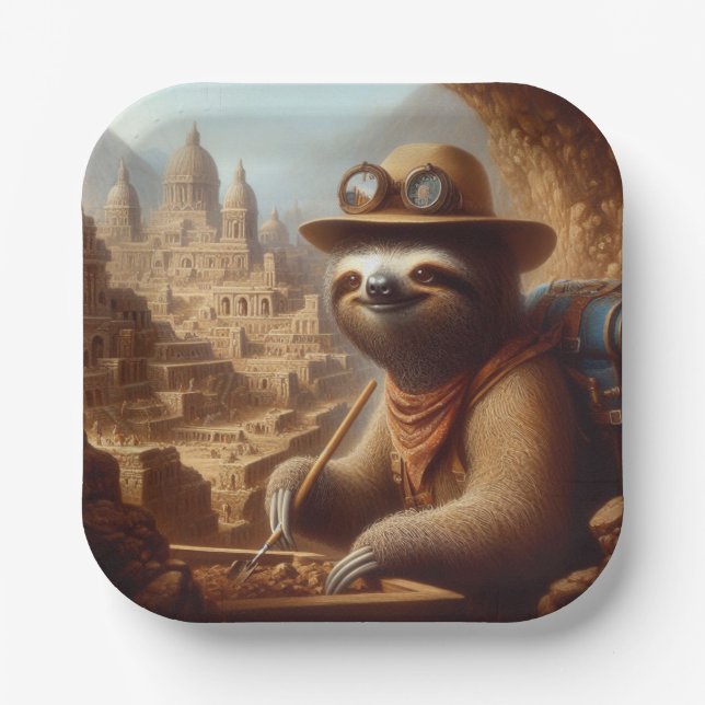 Sloth Archeologist Paper Plates (Front)