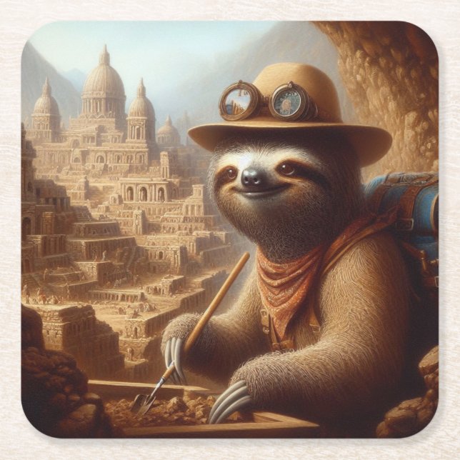 Sloth Archeologist Square Paper Coaster (Front)