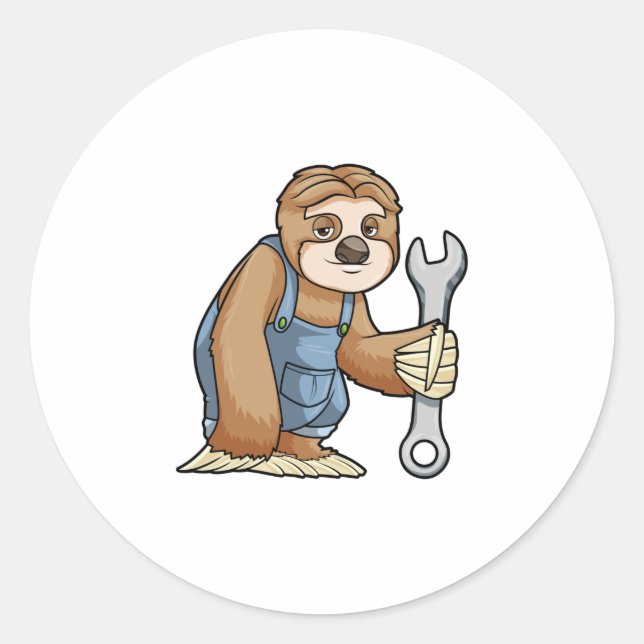Sloth as Craftsman with Wrench Classic Round Sticker (Front)