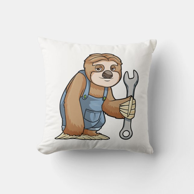 Sloth as Craftsman with Wrench Throw Pillow (Front)