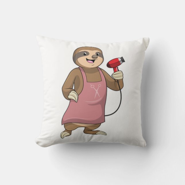 Sloth as Hair stylist with Hairdryer Throw Pillow (Front)