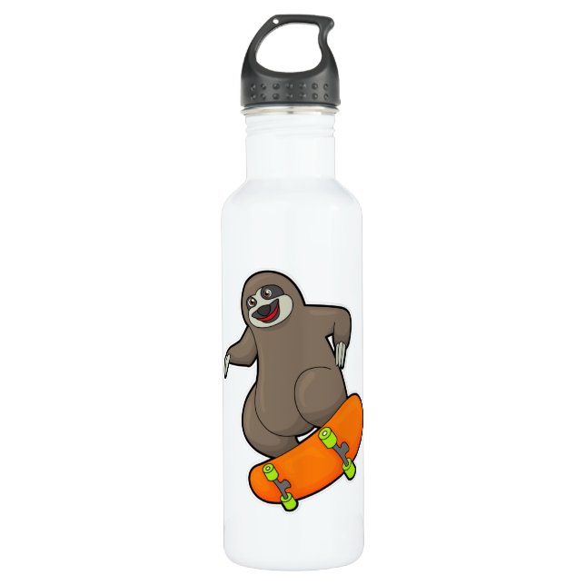 Sloth as Skater with Skateboard Stainless Steel Water Bottle (Front)