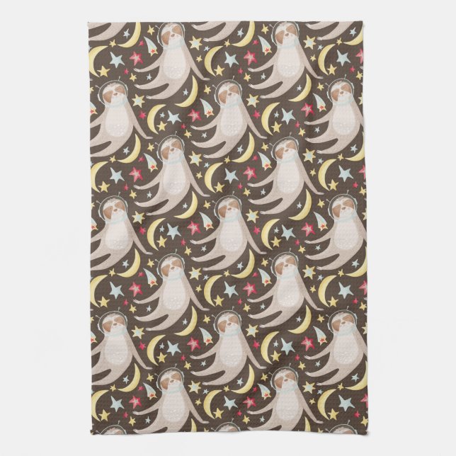 Sloth Astronaut Pattern Kitchen Towel (Vertical)