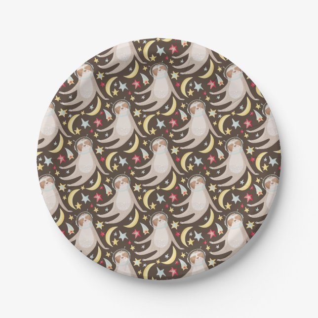 Sloth Astronaut Pattern Paper Plates (Front)