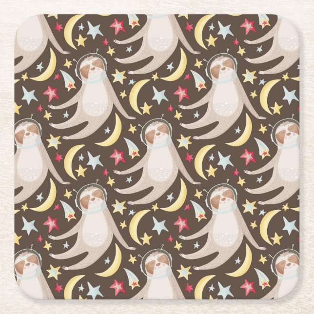 Sloth Astronaut Pattern Square Paper Coaster (Front)