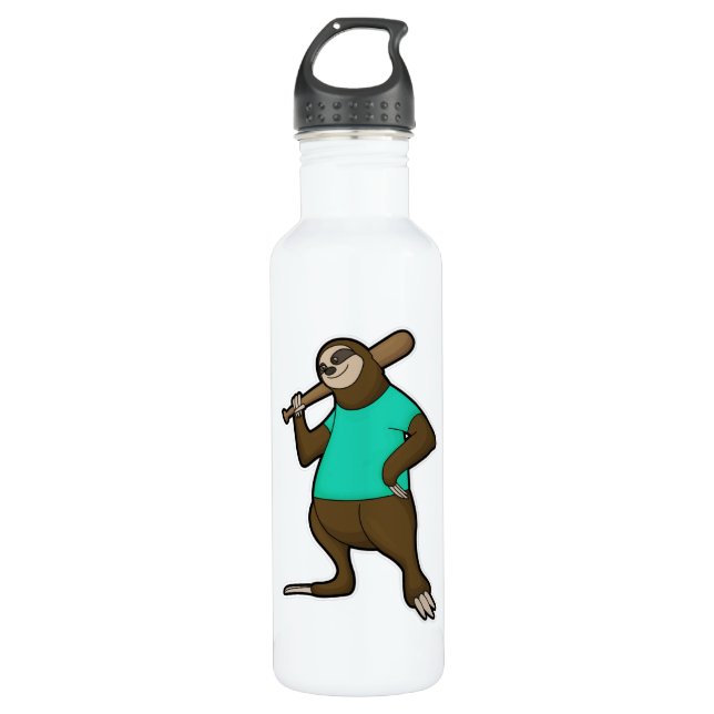 Sloth at Baseball with Baseball bat Stainless Steel Water Bottle (Front)