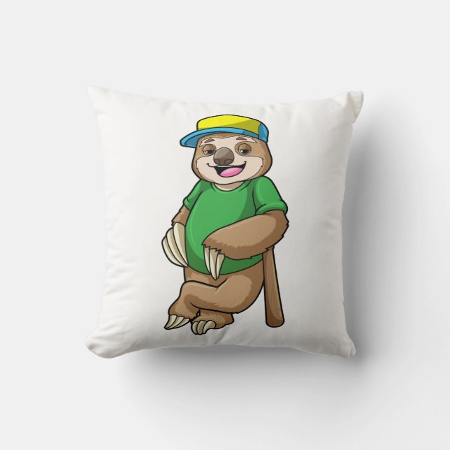 Sloth at Baseball with Baseball bat Throw Pillow (Front)
