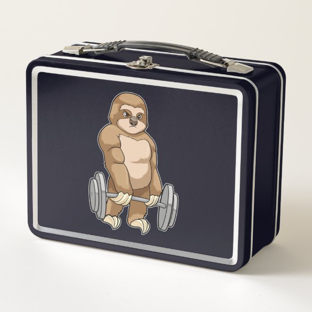 Sloth at Bodybuilding with Barbell Metal Lunch Box (Front)