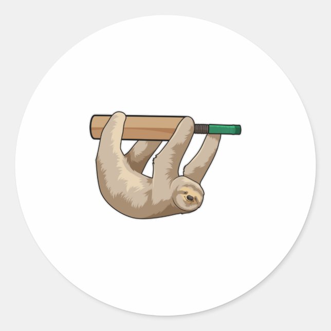 Sloth at Cricket with Cricket bat Classic Round Sticker (Front)