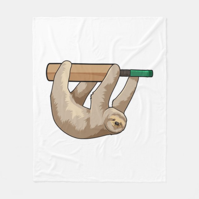 Sloth at Cricket with Cricket bat Fleece Blanket (Front)