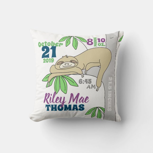 Sloth Baby Birth Stats Throw Pillow (Front)