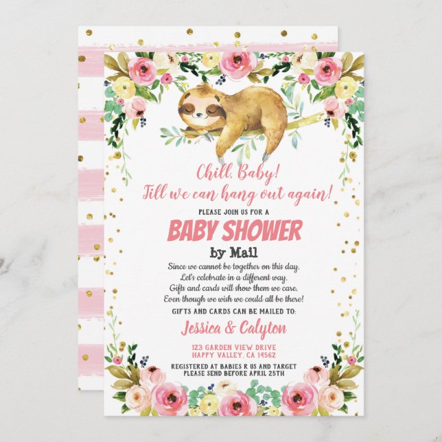 Sloth Baby Girl Shower By Mail Pink And Gold Invitation (Front/Back)