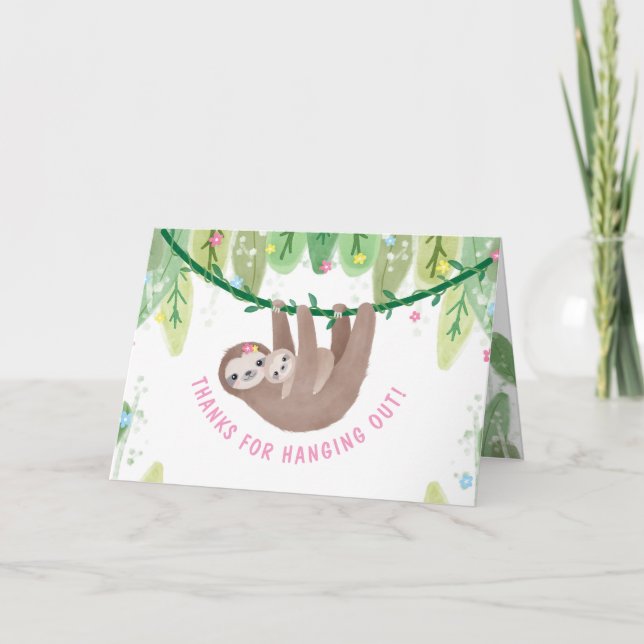 Sloth Baby Girl Shower Jungle Theme Thank You Card (Front)
