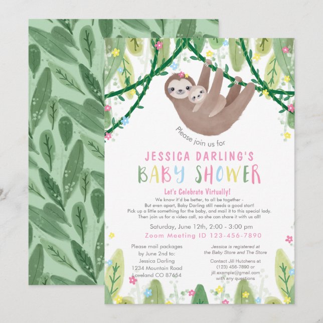 Sloth Baby Girl Virtual Shower Jungle Theme Invitation (Front/Back)