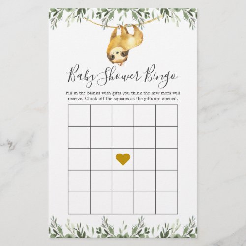 Sloth Baby Shower Bingo Game