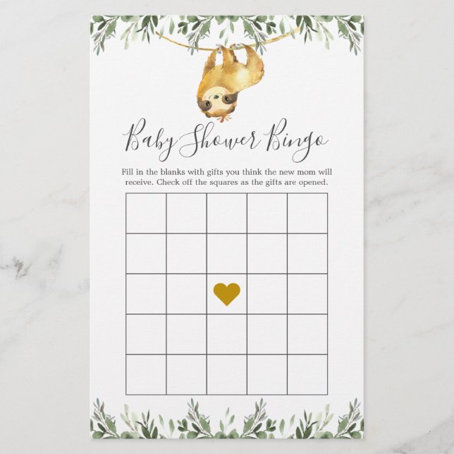 Sloth Baby Shower Bingo Game (Front)