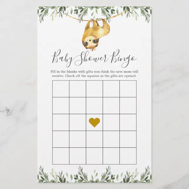 Sloth Baby Shower Bingo Game Zazzle