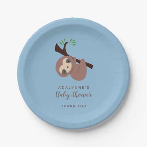 Sloth Baby Shower Boy Blue Brown Script Cute Paper Plates