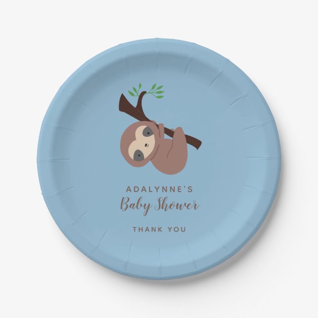Sloth Baby Shower Boy Blue Brown Script Cute Paper Plates (Front)
