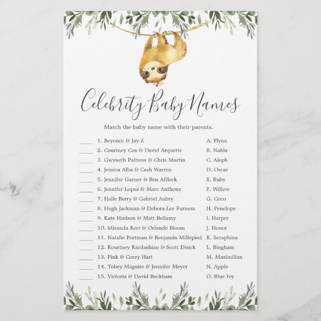 Sloth Baby Shower Celebrity Baby Names Game (Front)