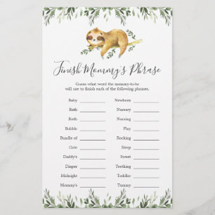 Sloth Baby Shower Finish Mommy's Phrase Game