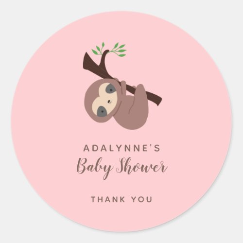 Sloth Baby Shower Girl Pink Brown Script Cute Classic Round Sticker