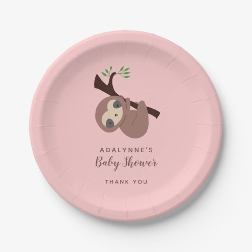 Sloth Baby Shower Girl Pink Brown Script Cute Paper Plates