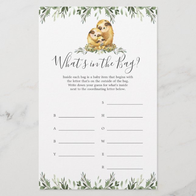 Sloth Baby Shower Guess What's in the Bag Game (Front)